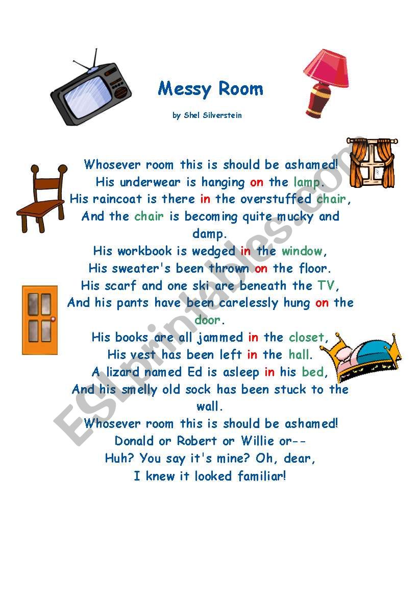 Messy Room By Shel Silverstein Esl Worksheet By Azza 20