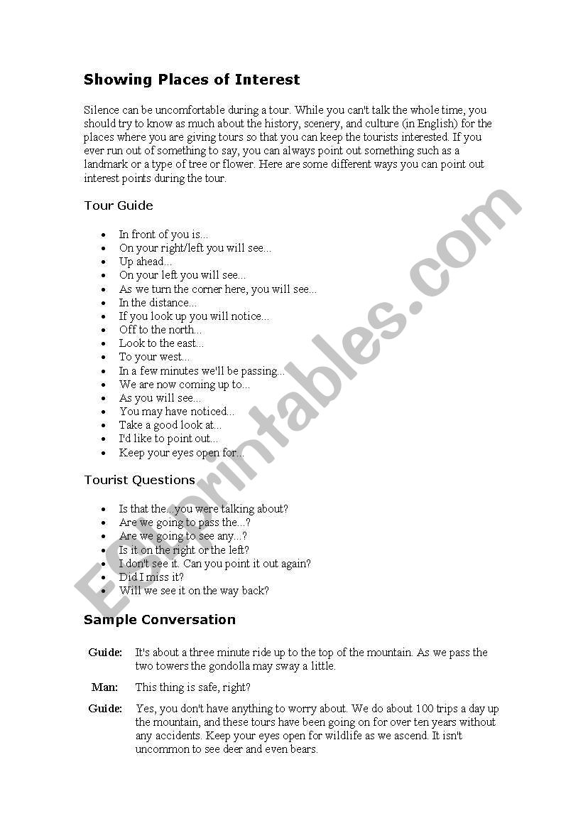 Tourist hints worksheet