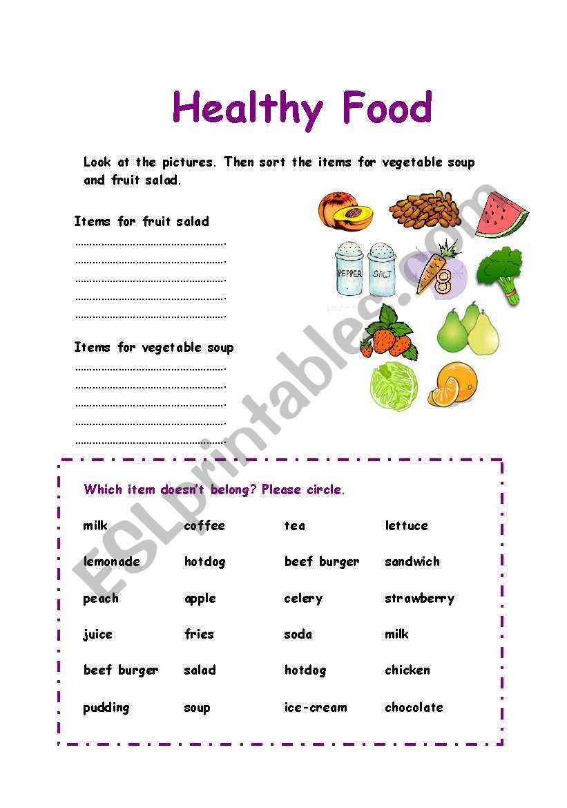 Healthy Food sorting exercise - ESL worksheet by Azza_20