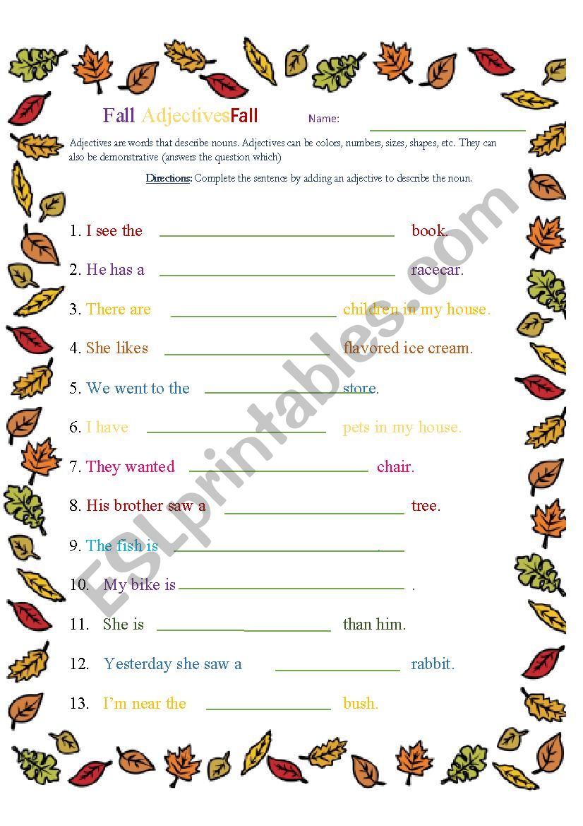 Fall Adjectives Fall ESL Worksheet By Melcase