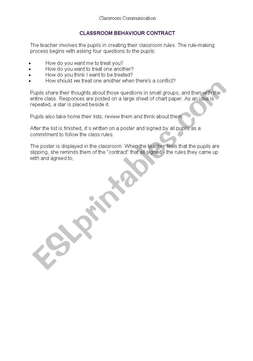 Classroom behaviour contract worksheet