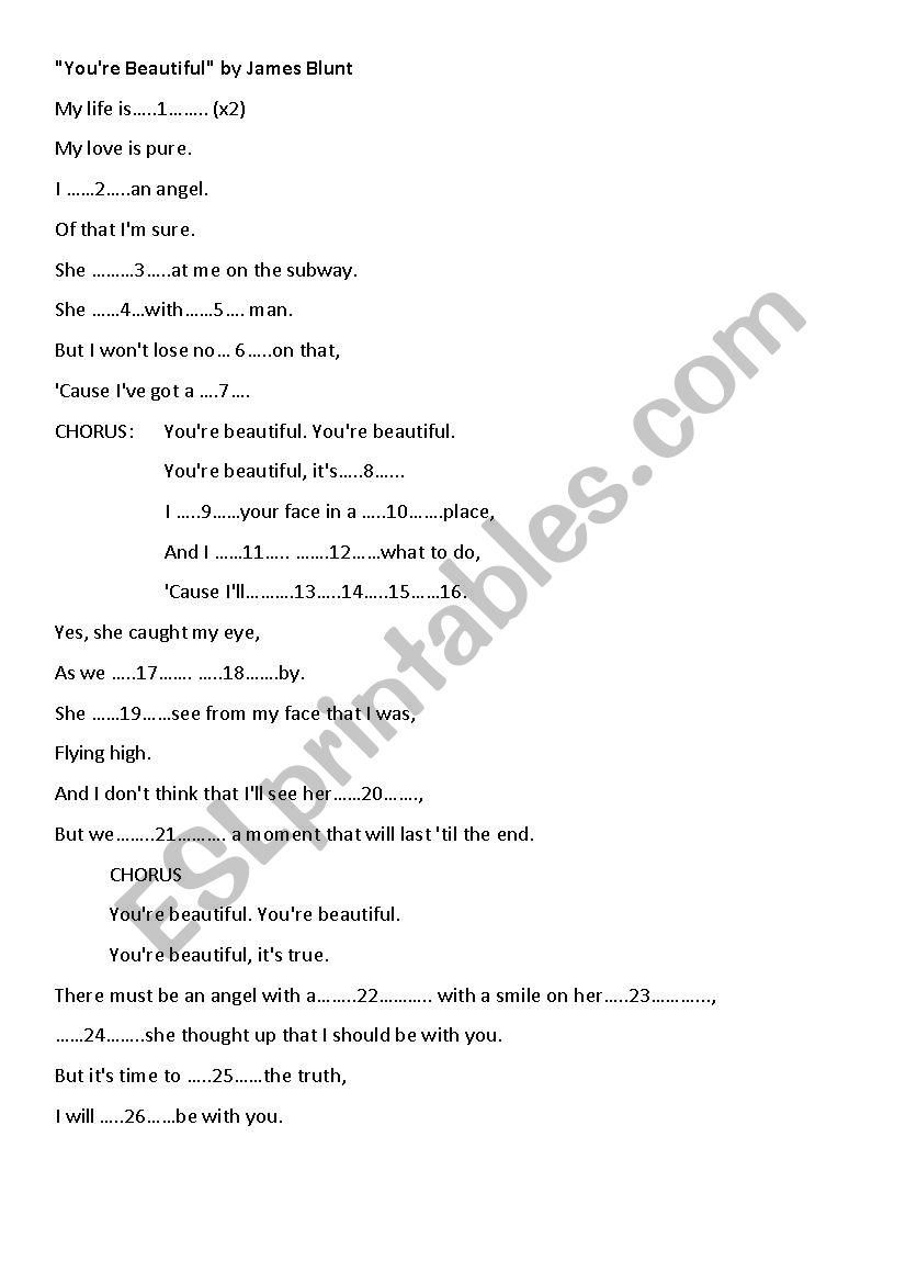 Gap fill exercise - You´re Beautiful - ESL worksheet by Ms.E