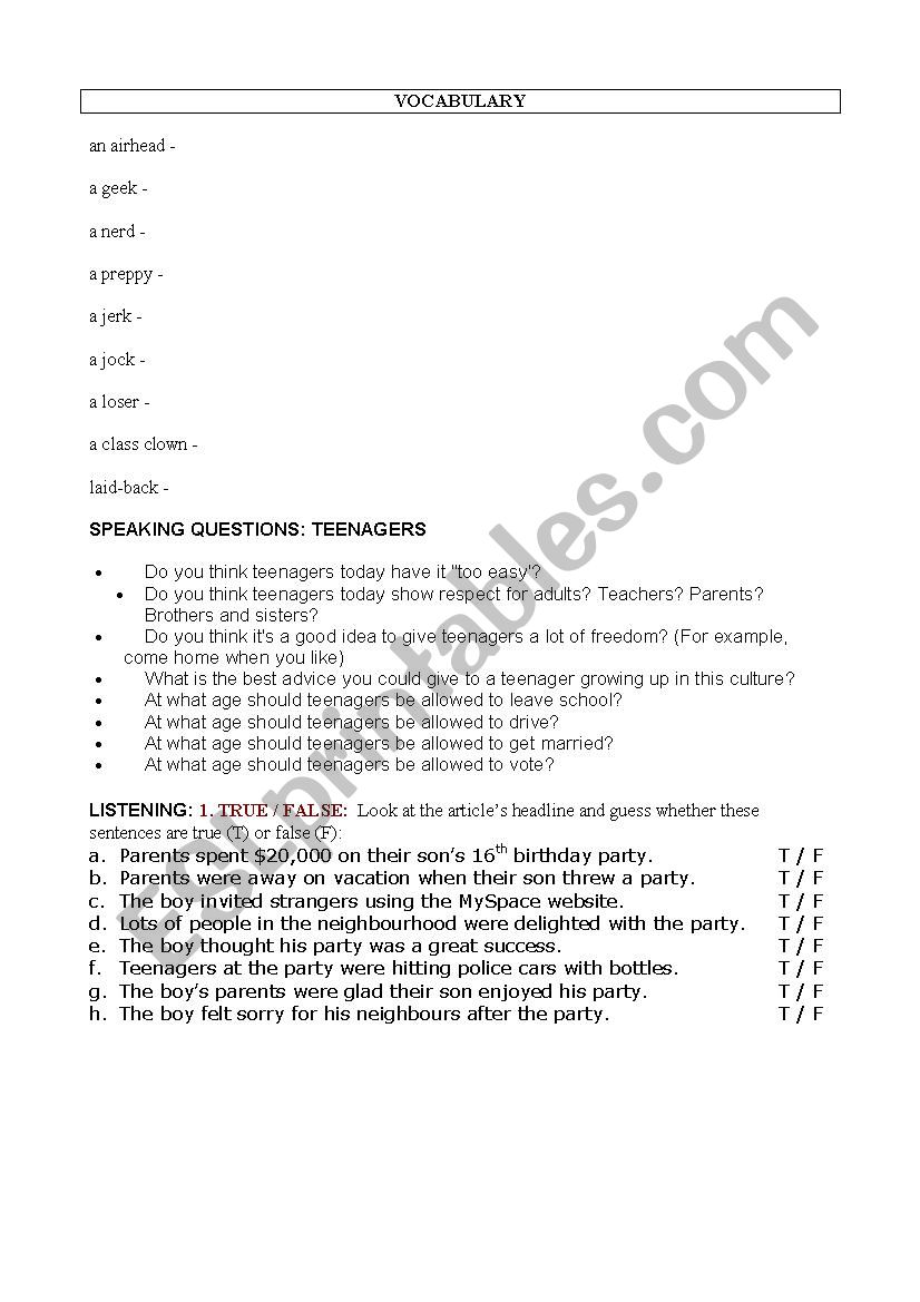 Teenagers worksheet