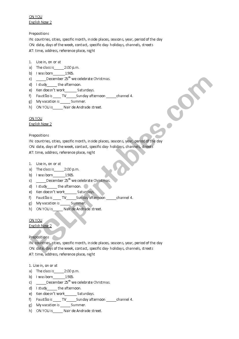 Prepositions In, On and At worksheet