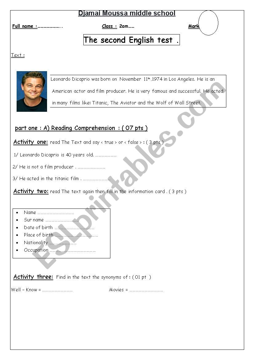 The second English test worksheet
