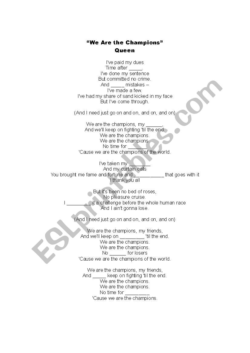 Queen - We Are the Champions Worksheet