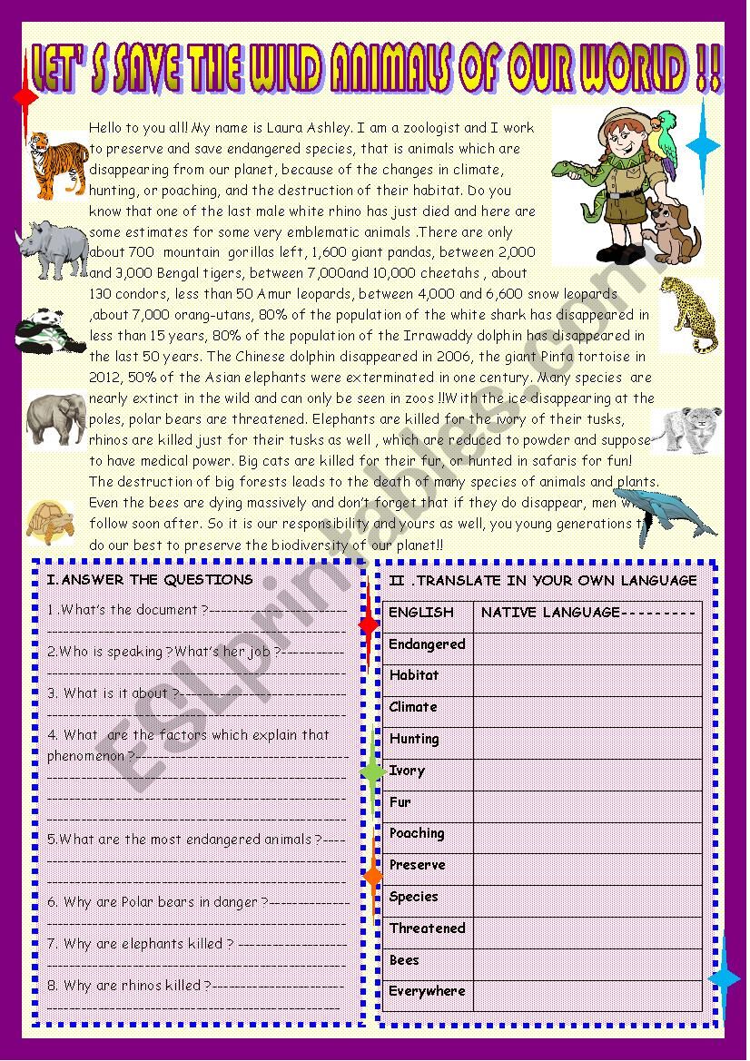 Was were text for reading. World of animals текст. Endangered animals Worksheets. Задания английский язык our World. Текст животное Worksheet.