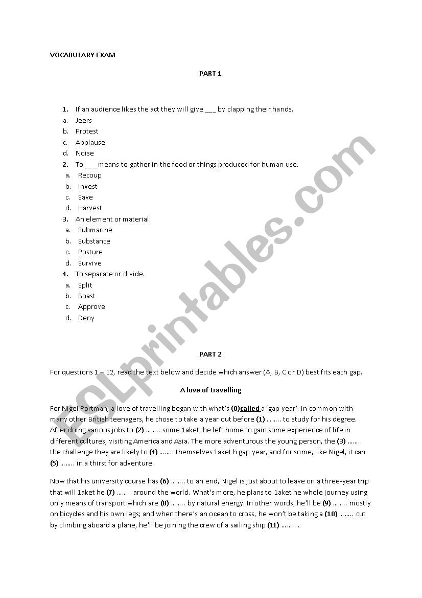 vocabulary exam for b1 levels worksheet