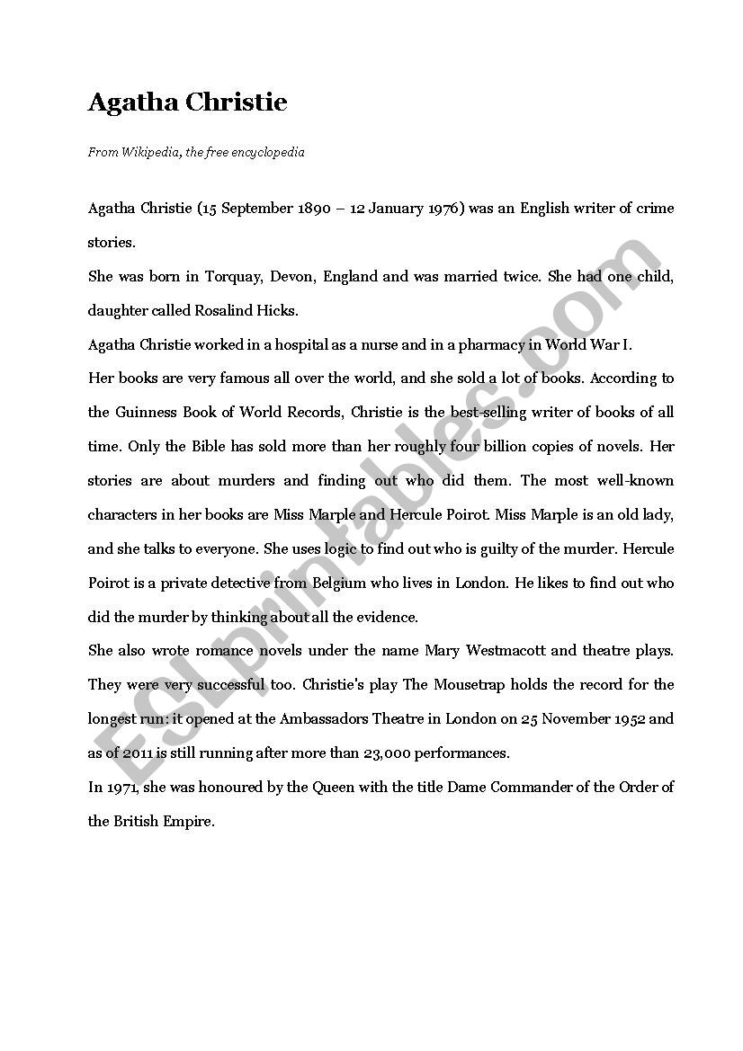 Biography: Agatha Christie worksheet