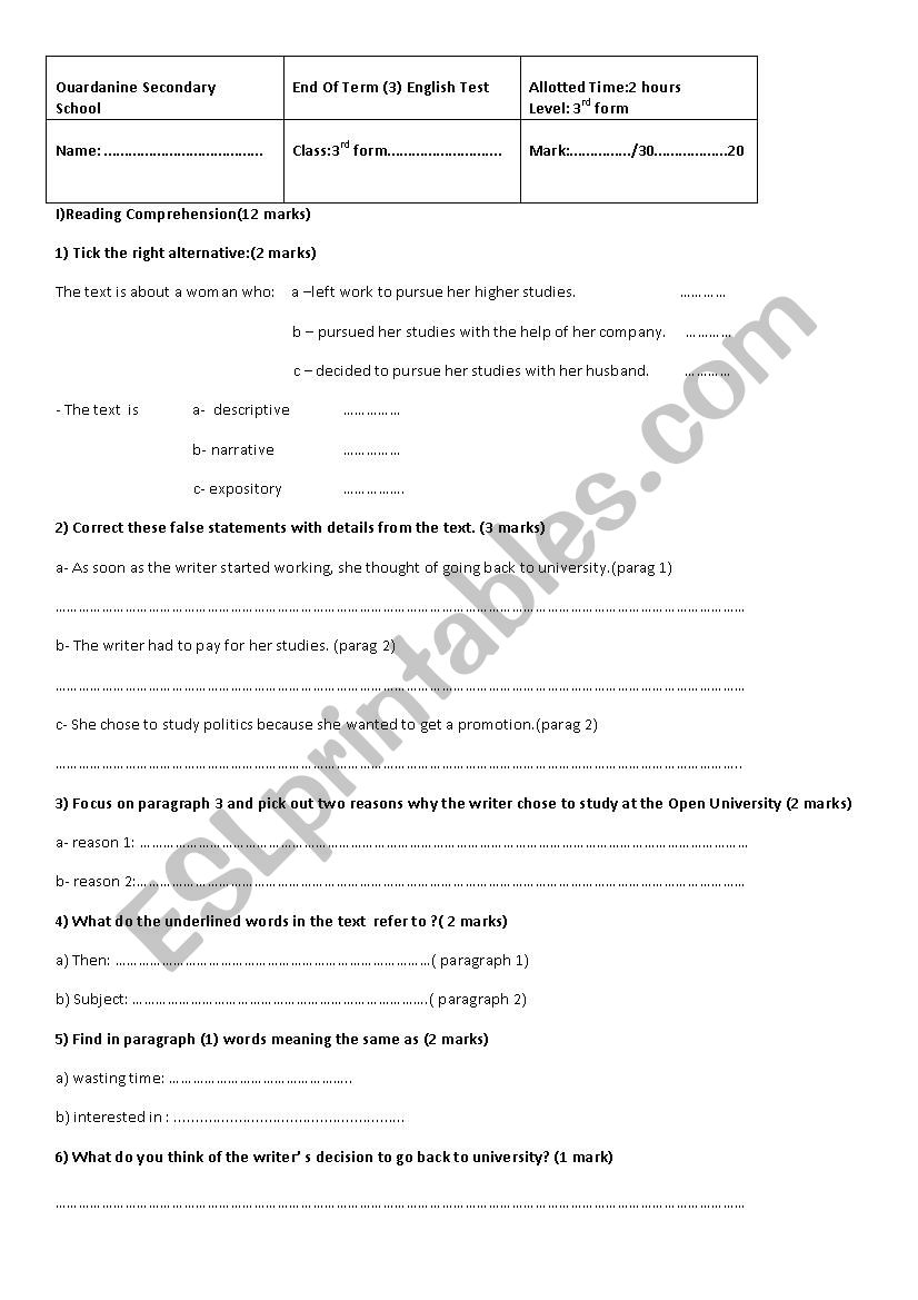 3rd form comprehensive test N°3 - ESL worksheet by asma grissa