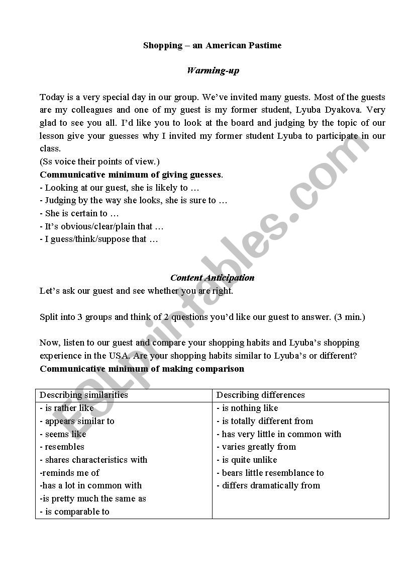 shopping worksheet