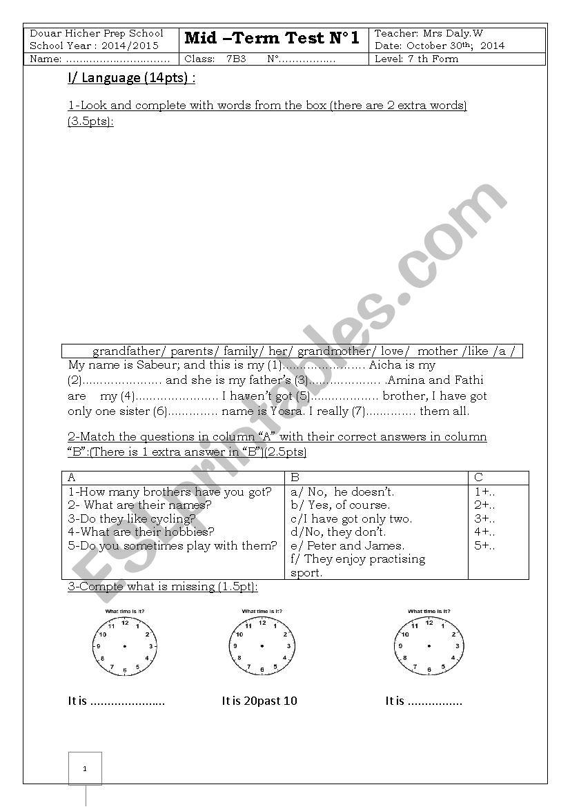 mid term test n)°1 - ESL worksheet by dorralinda