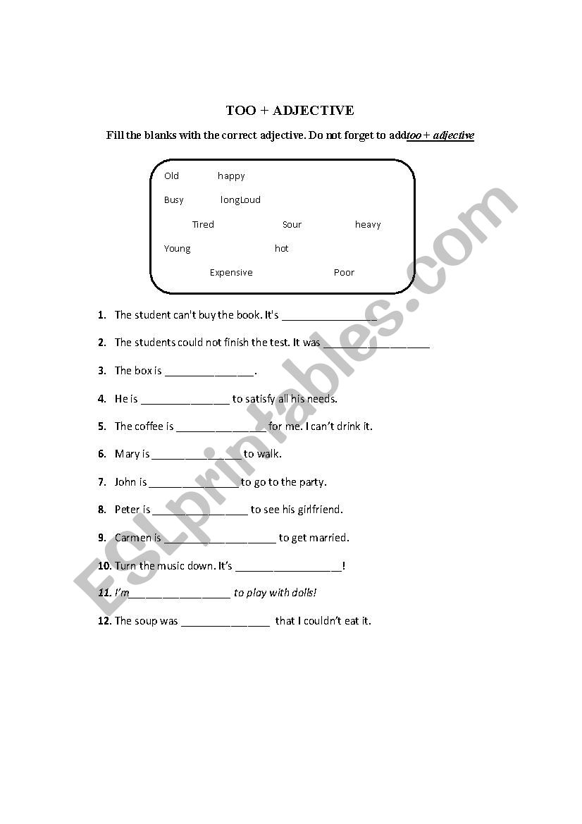 Too + adjective worksheet