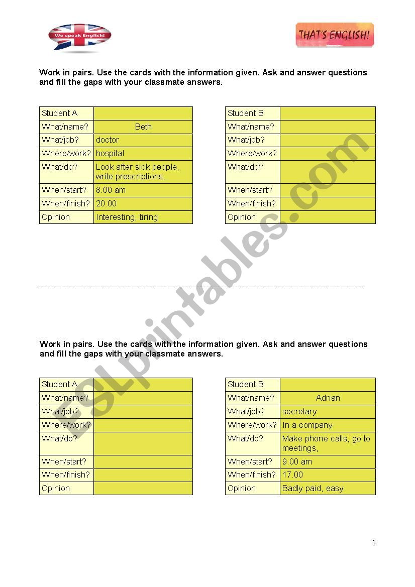 Jobs Part 2 worksheet