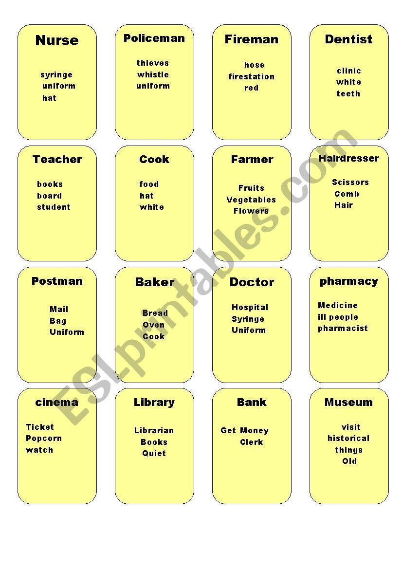 Taboo cards for jobs worksheet