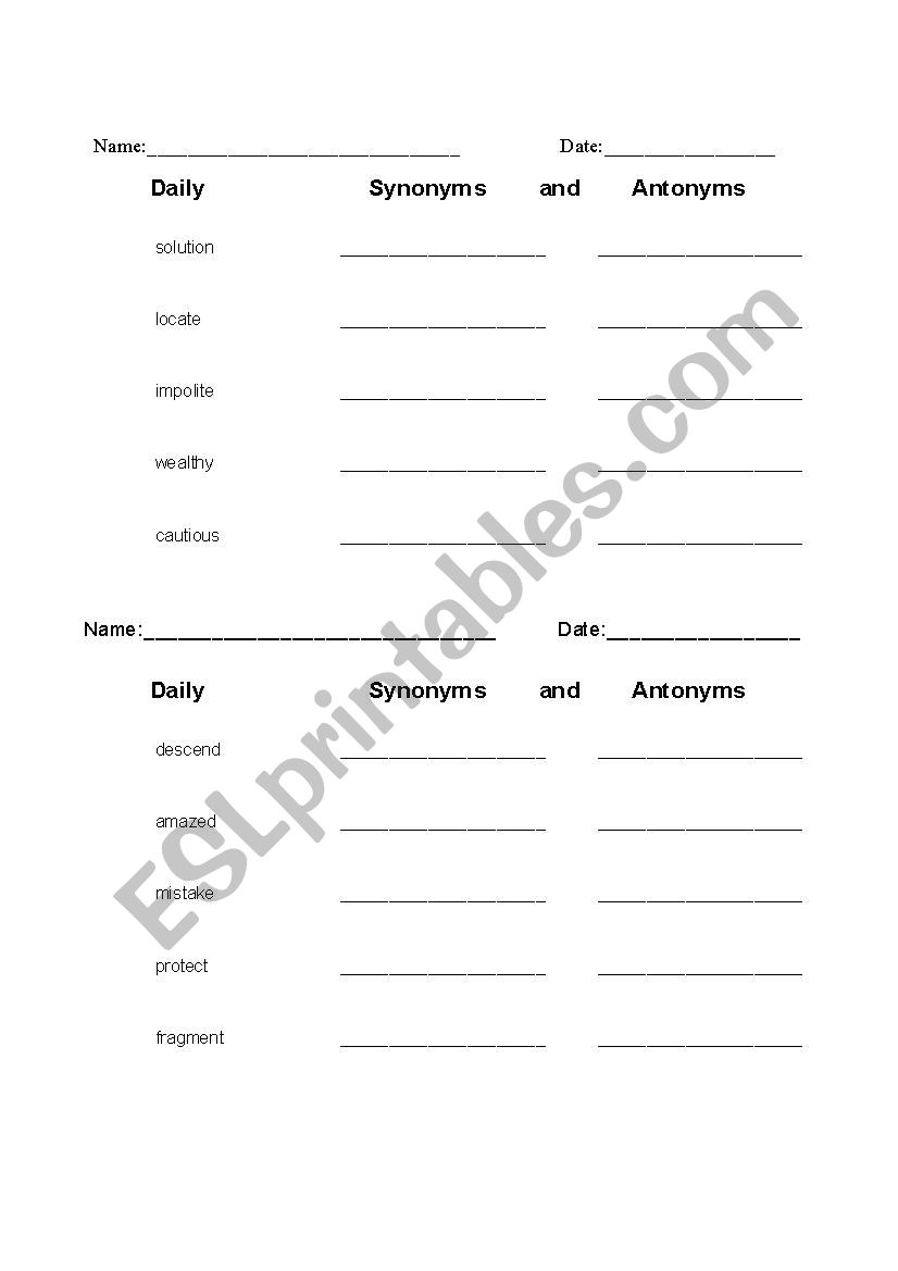 Daily Synonyms and Antonyms 3 worksheet