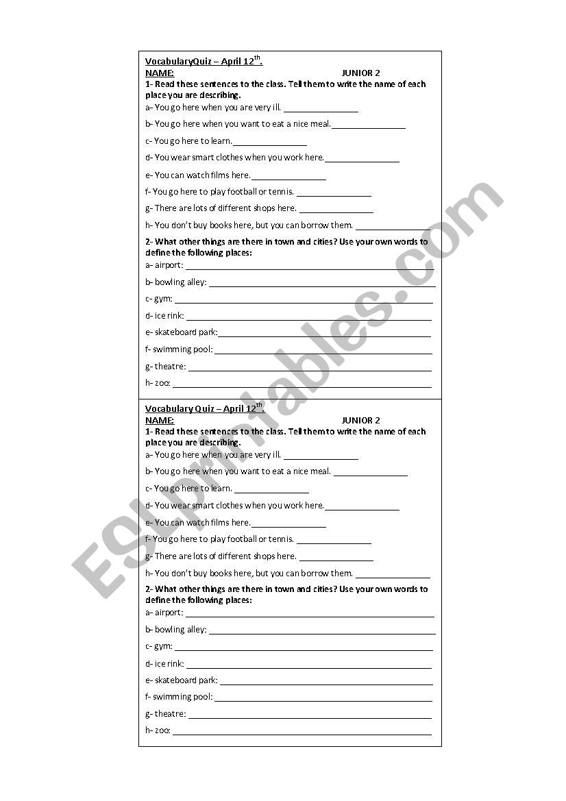 places and definitions worksheet
