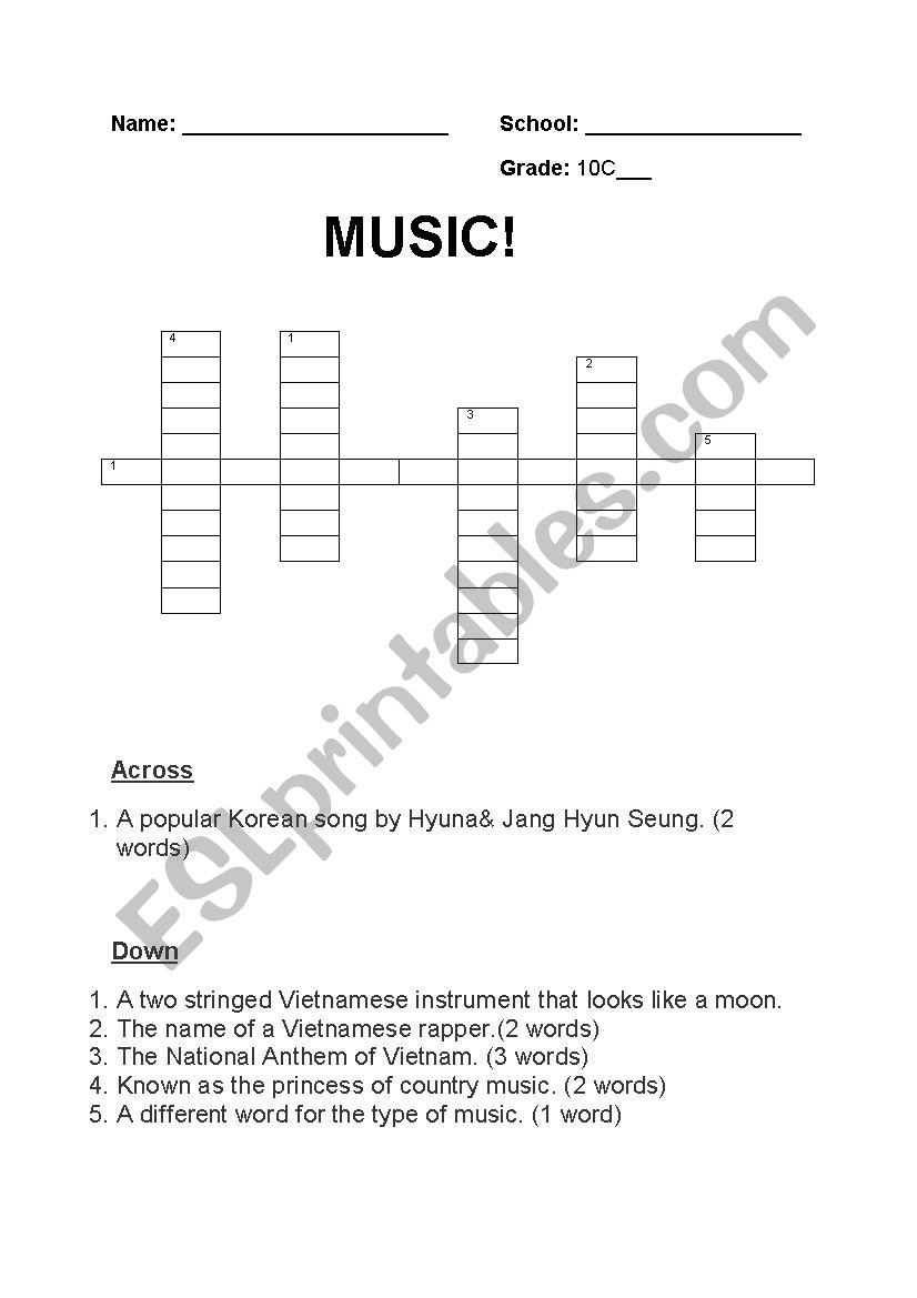 Music crossword worksheet