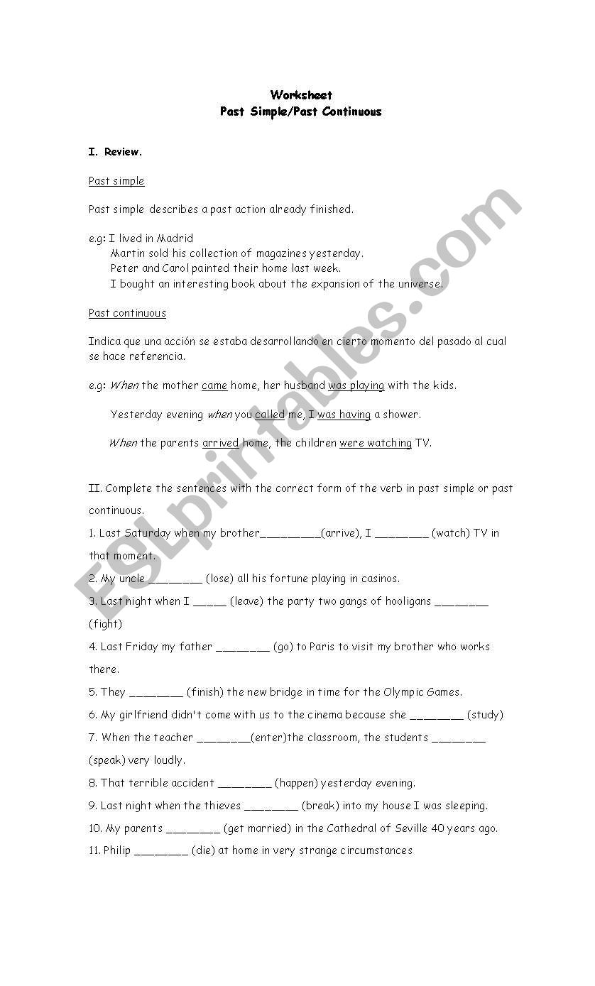 simple past/ past progressive worksheet