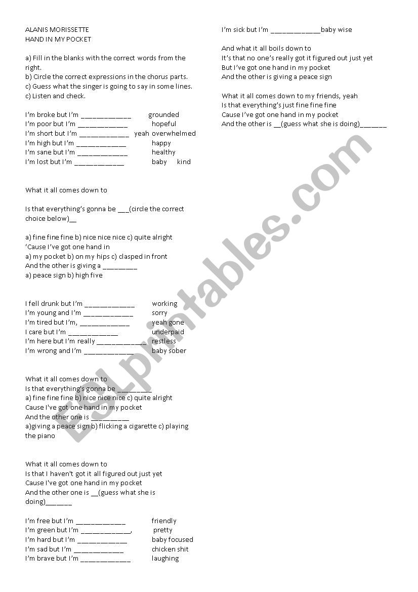 adjective song worksheet