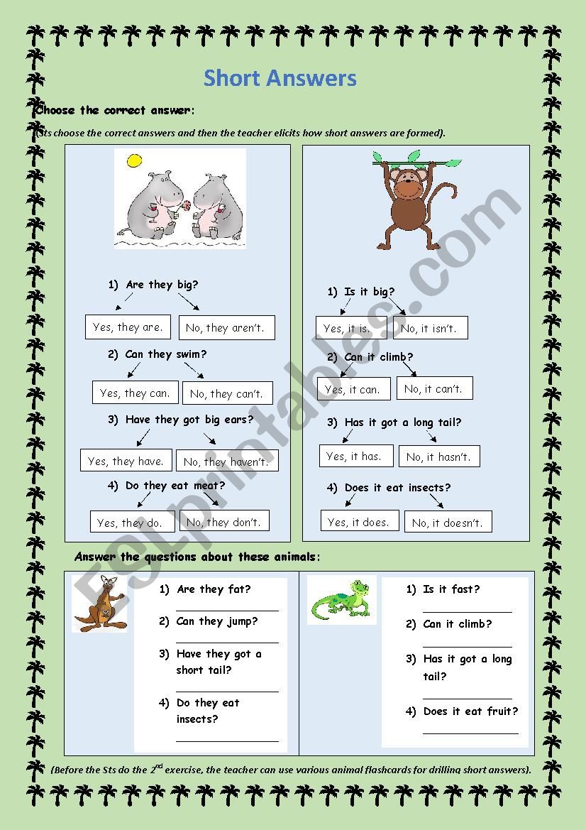 Short Answers animals ESL Worksheet By Paloma06