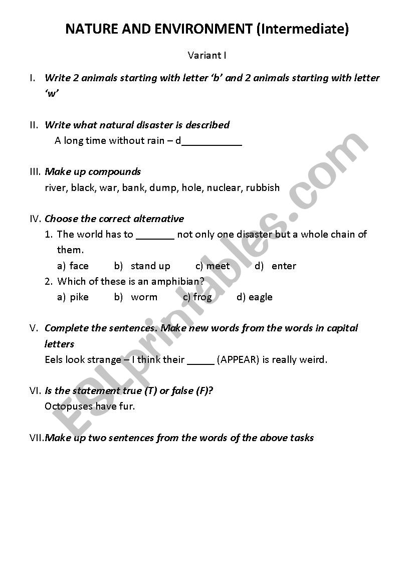 Nature and environment worksheet