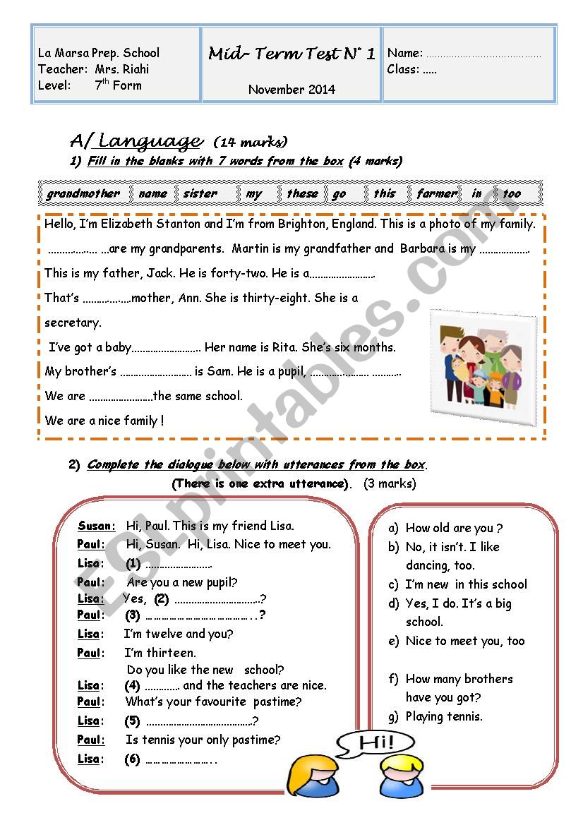 Mid Term Test N°1 Esl Worksheet By Amel Ben Mahmoud 6647