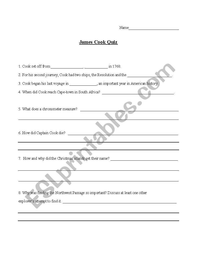 Captain Cook Cloze procedure worksheet