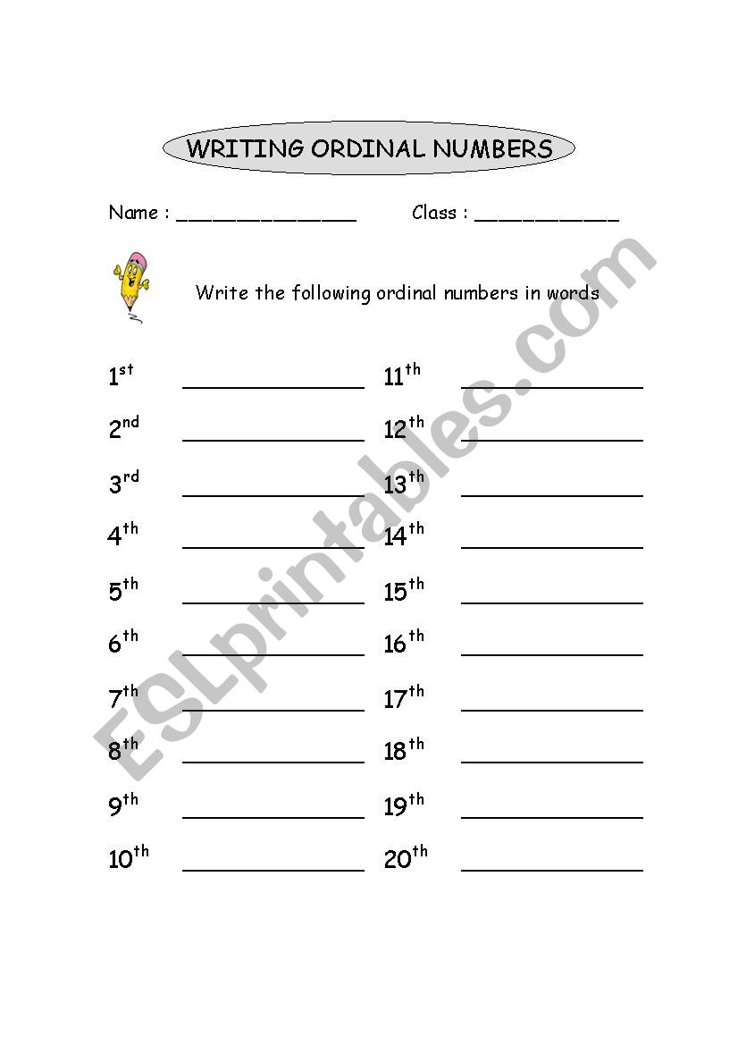 writing ordinal number worksheet