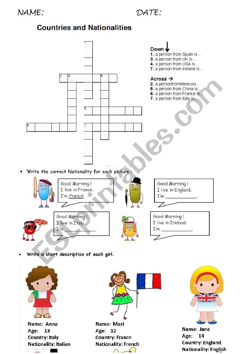 Countries and nationalities worksheet