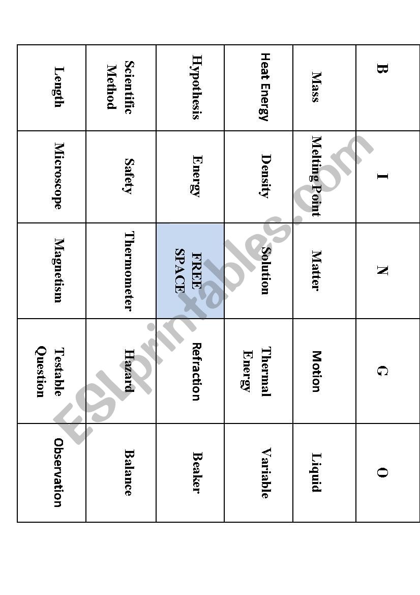 Science Vocabulary Bingo  worksheet