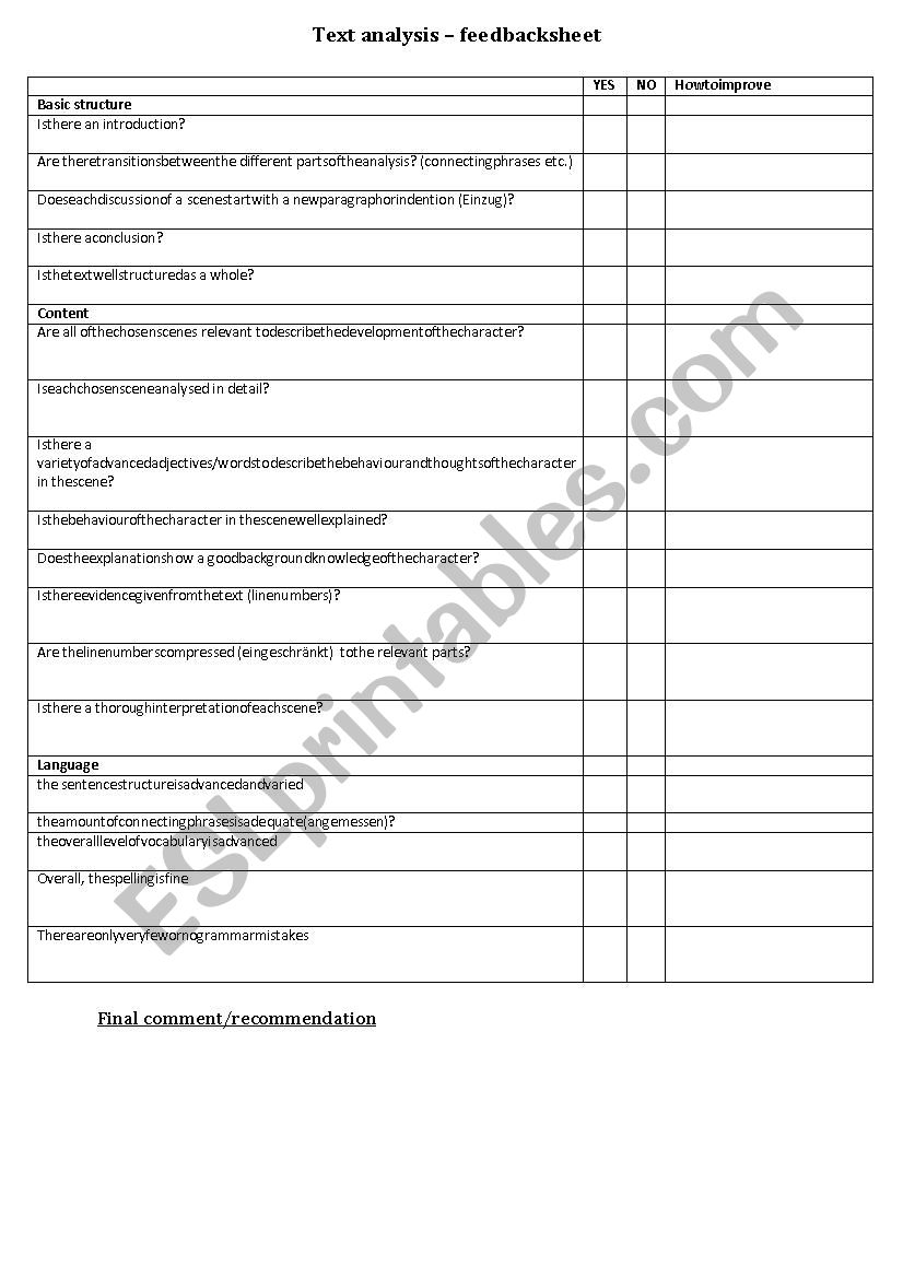 text analysis - feedback sheet for students