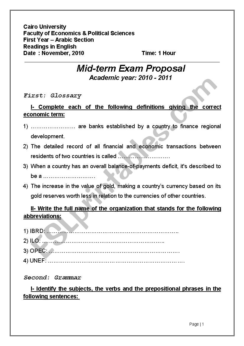  midterm Exam 1 ESL Worksheet By Srashidy