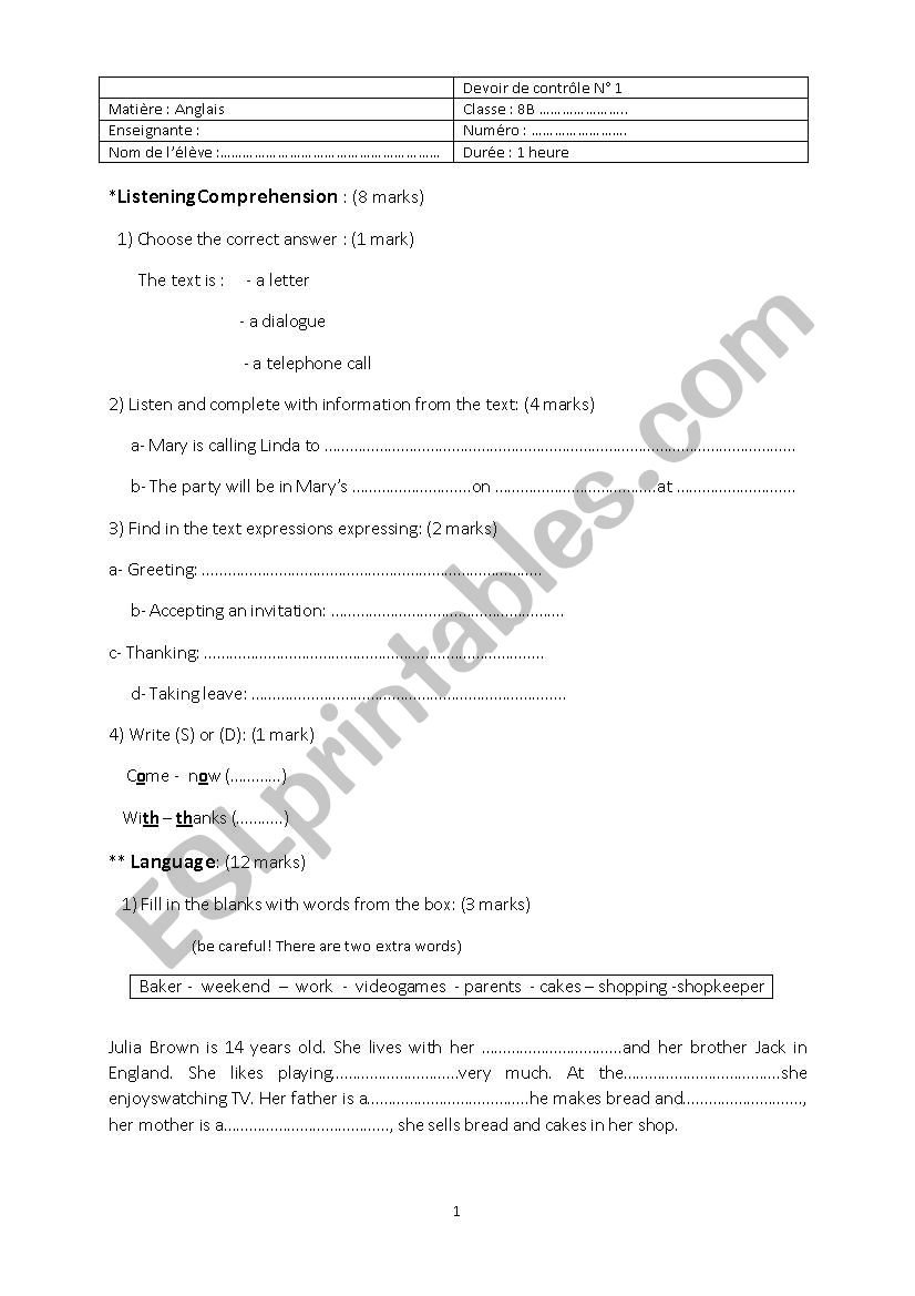 Mid- Term Test N1 worksheet