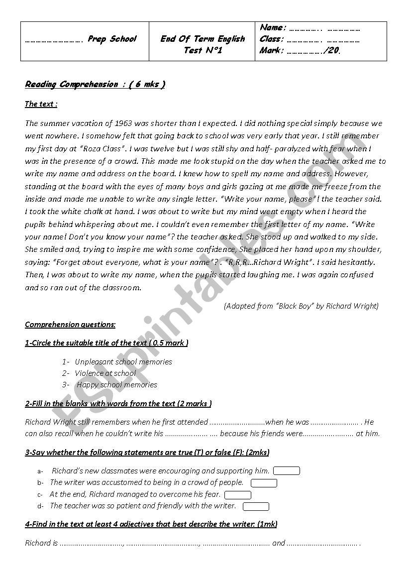 end of term test n° 1 for 9th form pupils - ESL worksheet by fatenam