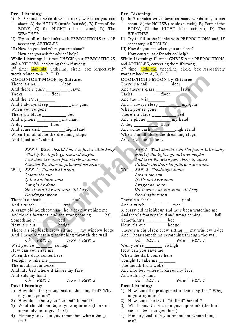 Song worksheet: Goodnight Moon