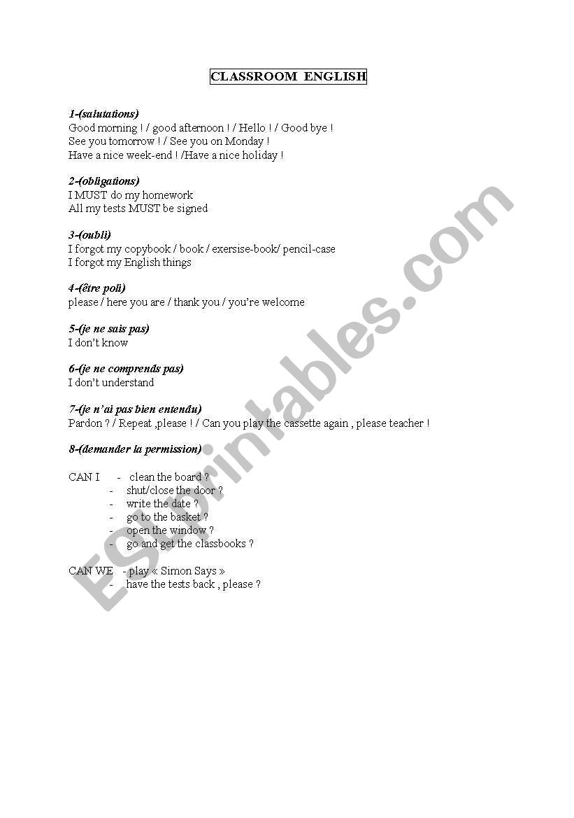 Classroom english worksheet