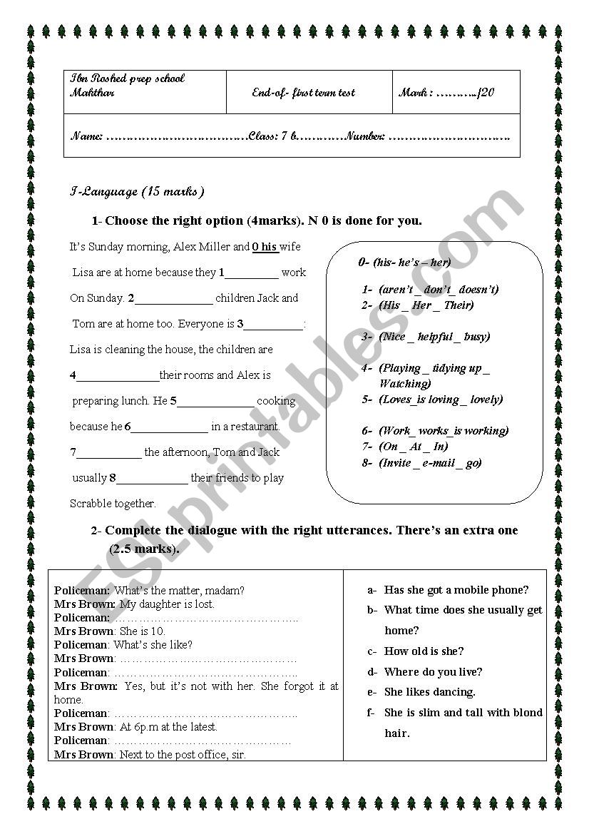 7th form end-of-term test n1 worksheet