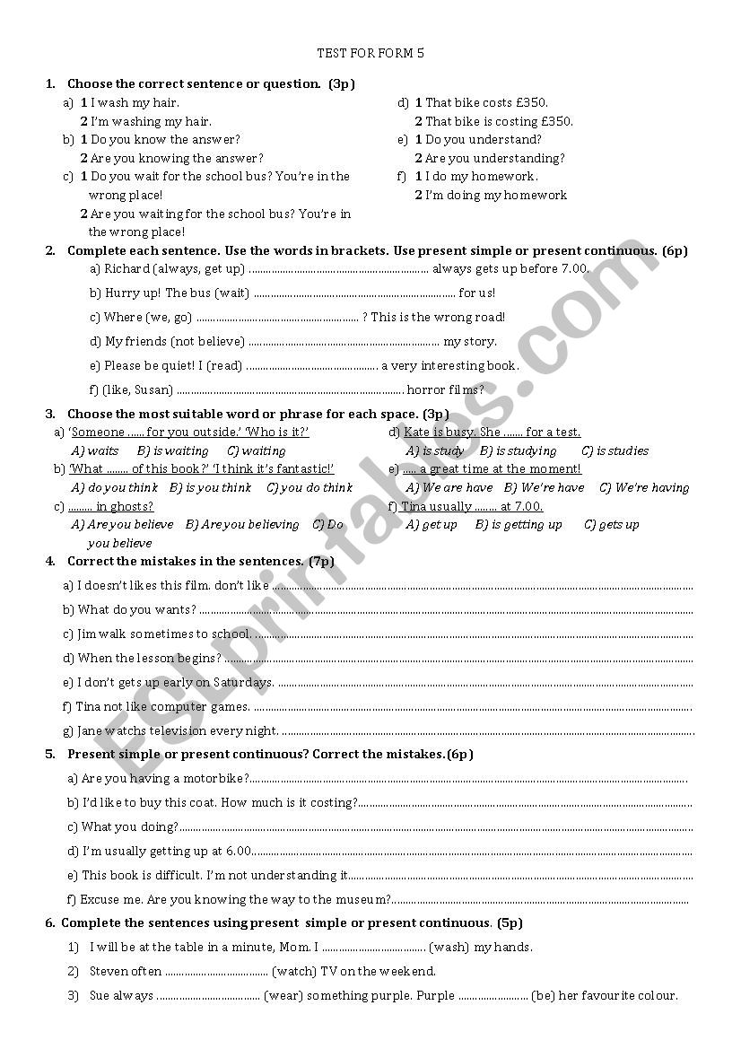 Form Five Test - Present Continuous and Present Simple