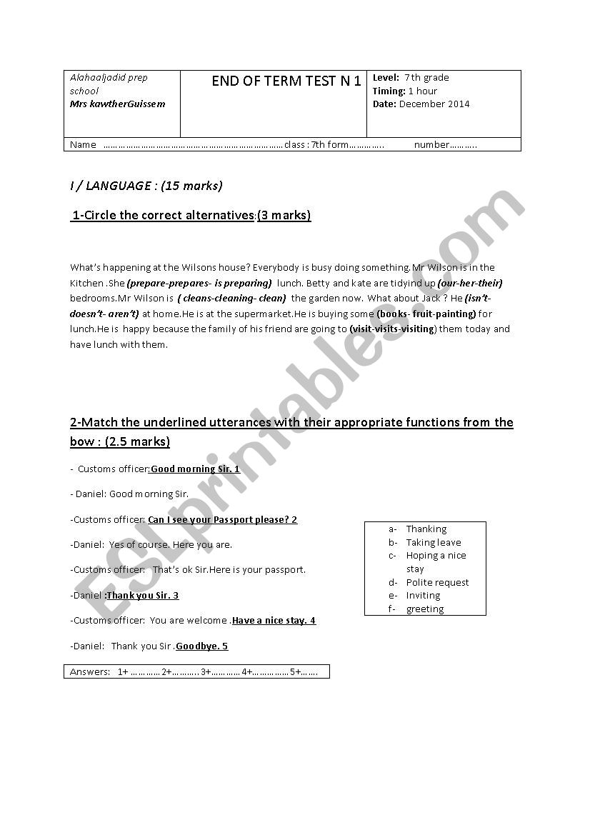  7 th form End of term test worksheet