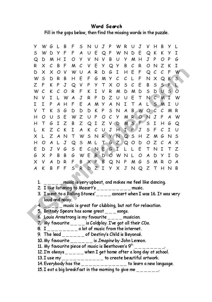 Music Vocabulary Word Search ESL Worksheet By Apple 25