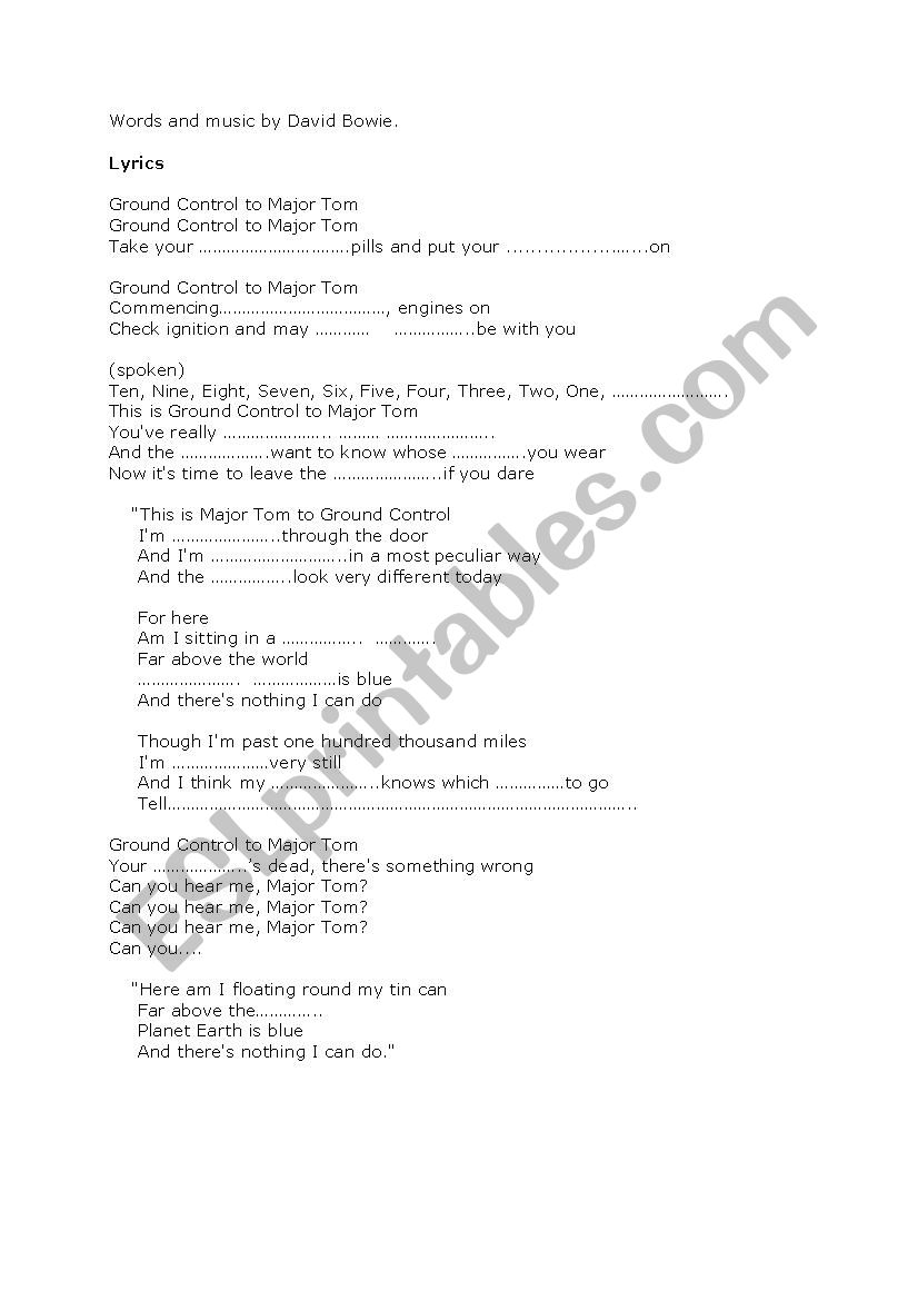 Space Oddity by aAvid Bowie worksheet