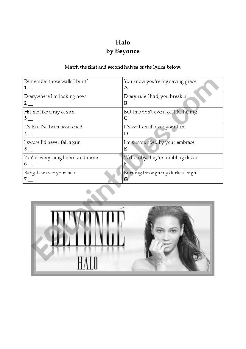 Beyonce - Halo Worksheet worksheet
