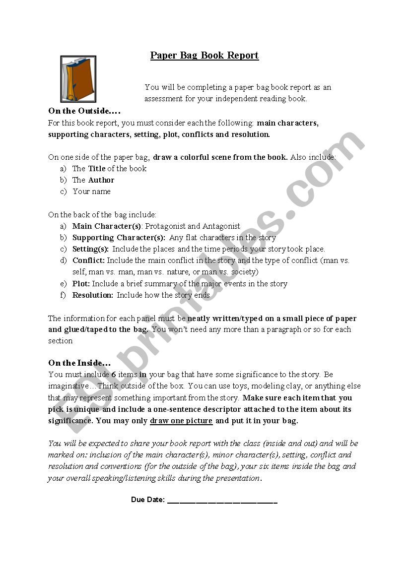Paper Bag Book Report ESL Worksheet By EGriffiths14 | vlr.eng.br