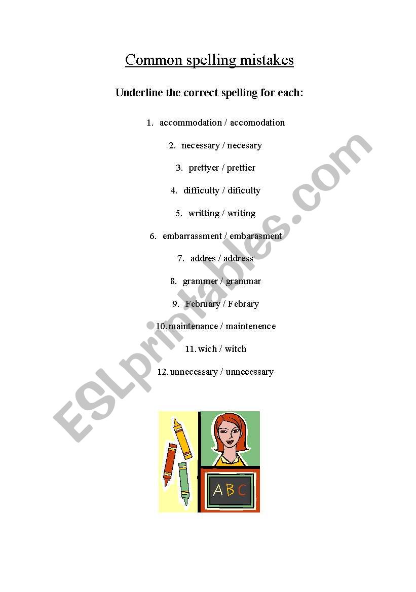 English Worksheets Common Spelling Mistakes