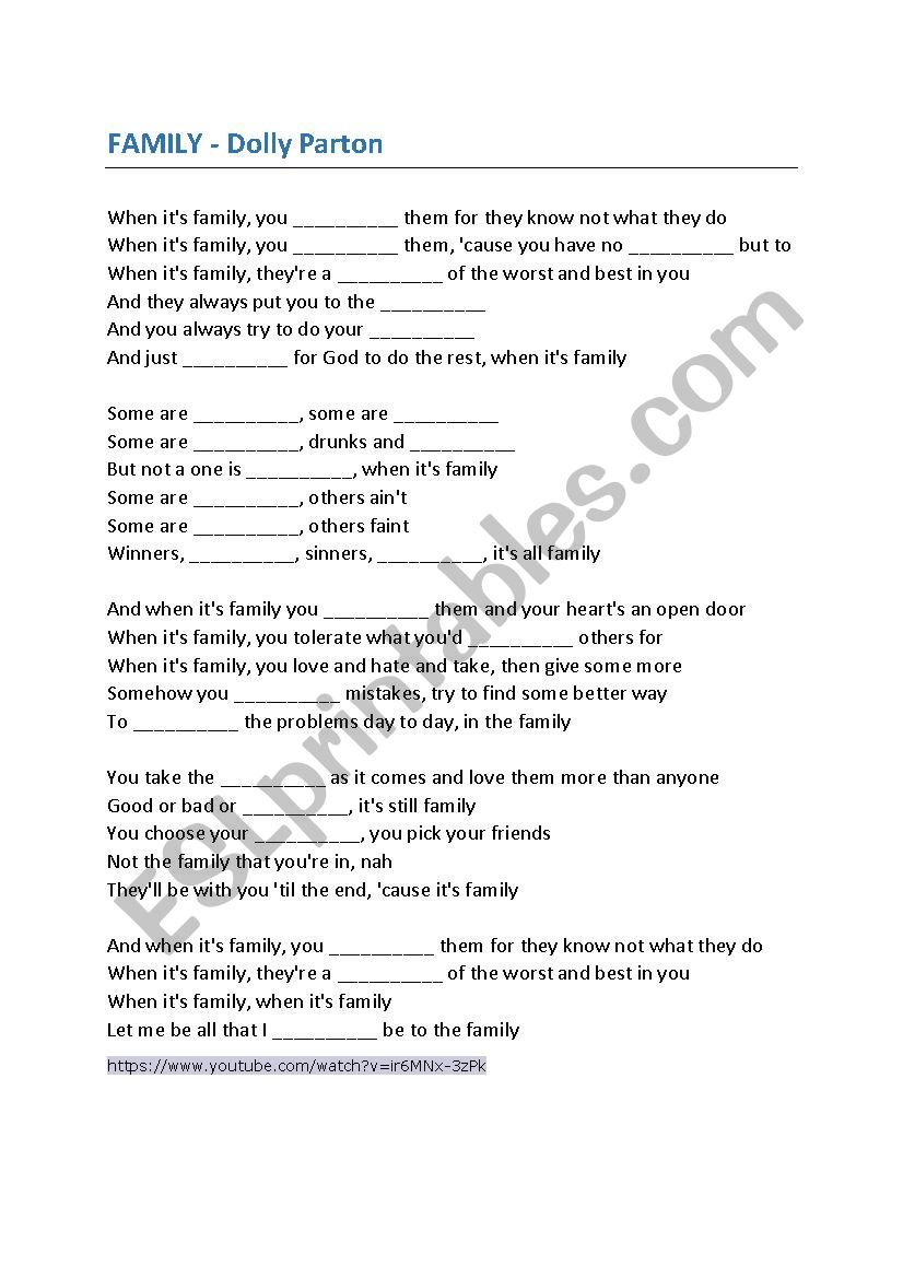 Its Family by Dolly Parton worksheet