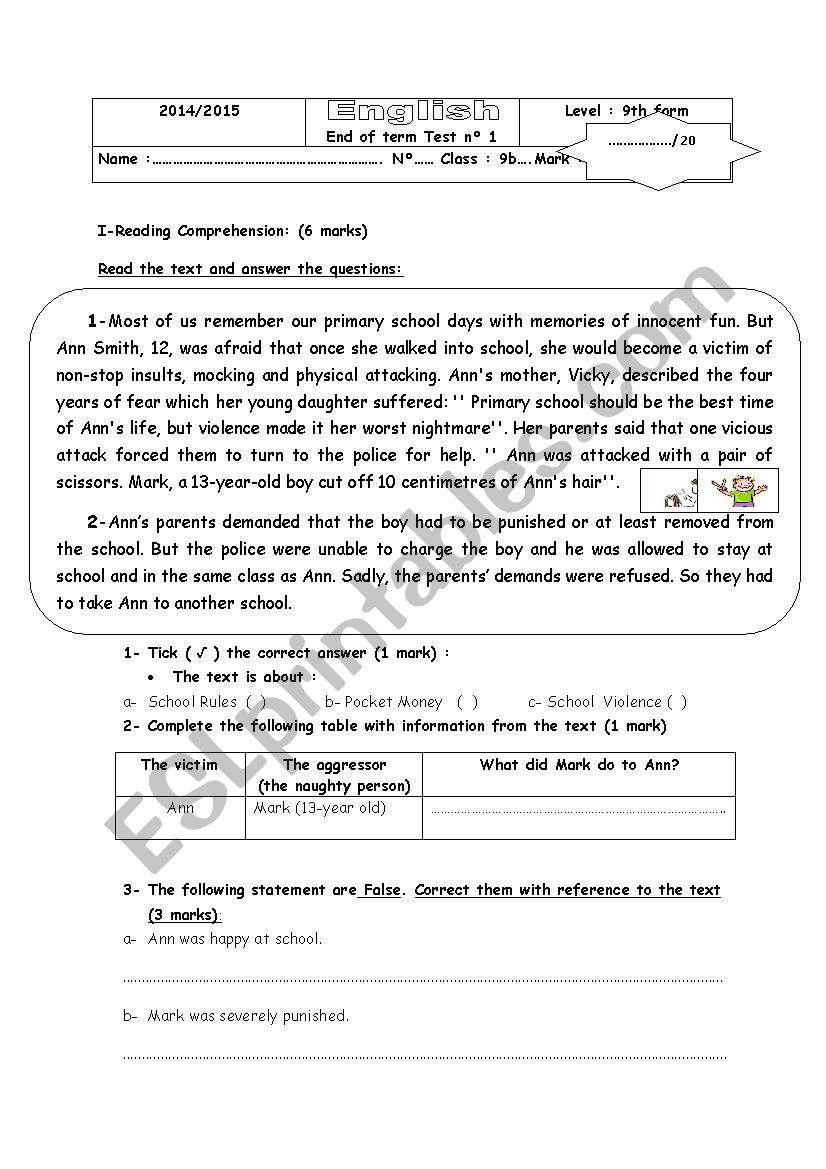 end of term test n° 1 9th form Tunisian pupils - ESL worksheet by botolo