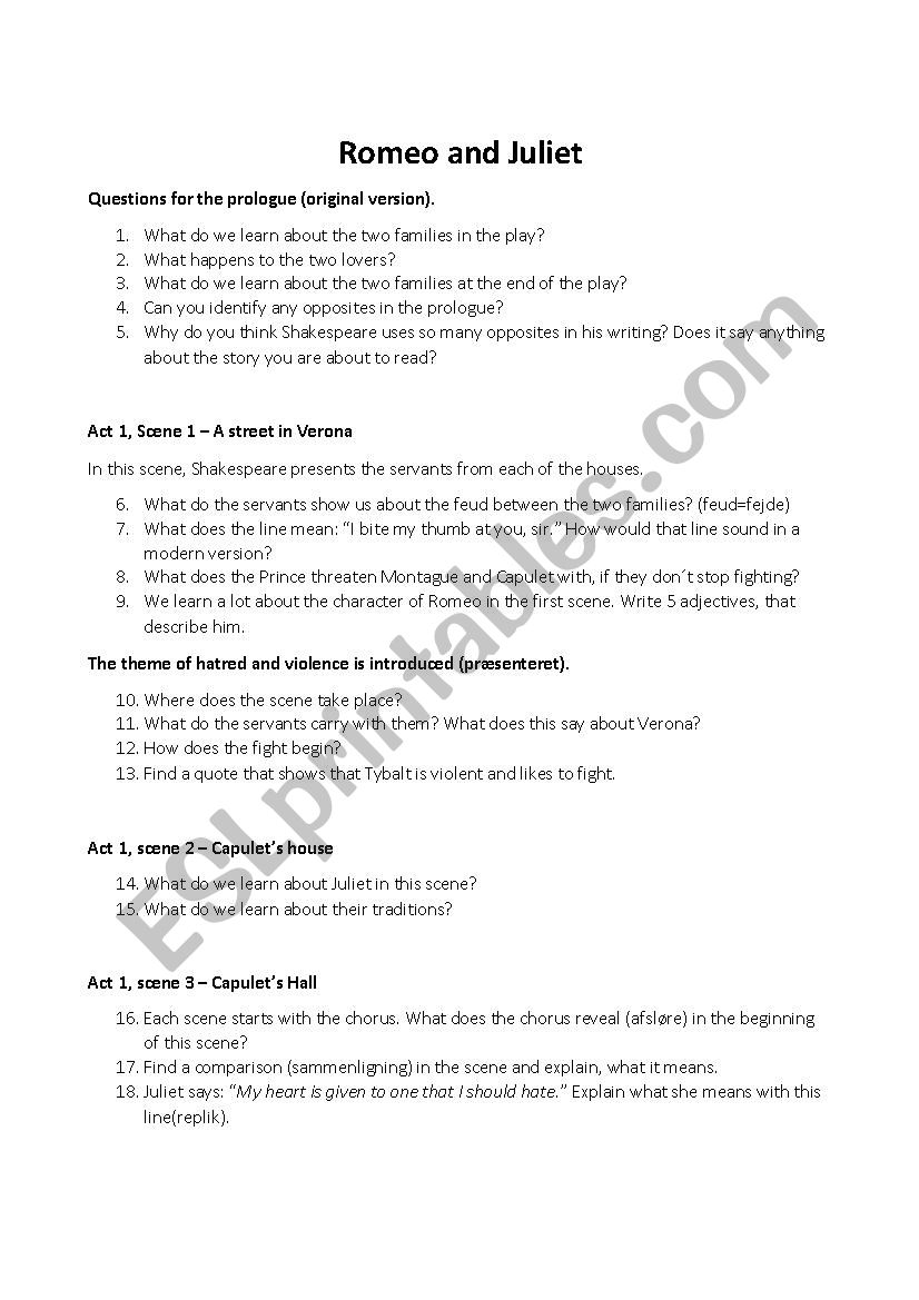 Romeo and Juliet worksheet