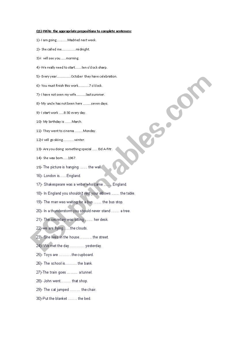 prepositions test worksheet