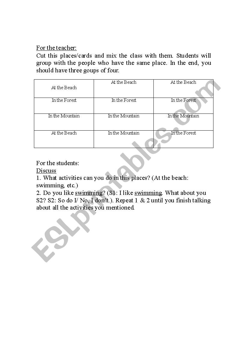 Places and Activities worksheet